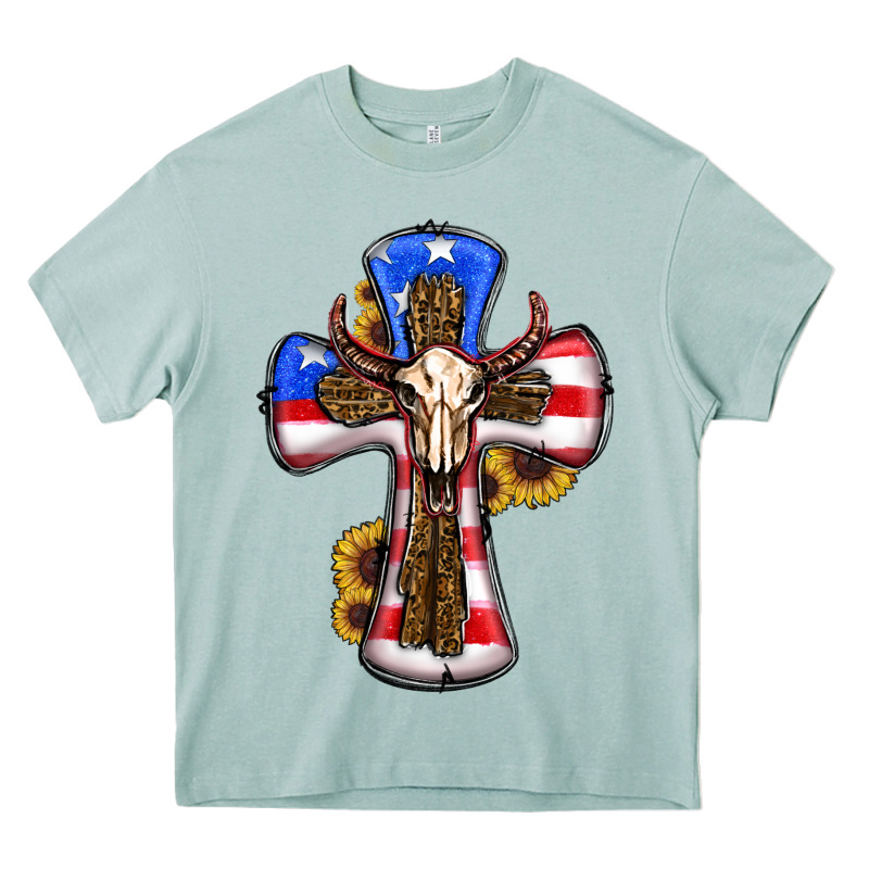 American Flag Cross Cow Skull Sunflowers Heavy Core Tee by RanaPortraitStore | Teevron