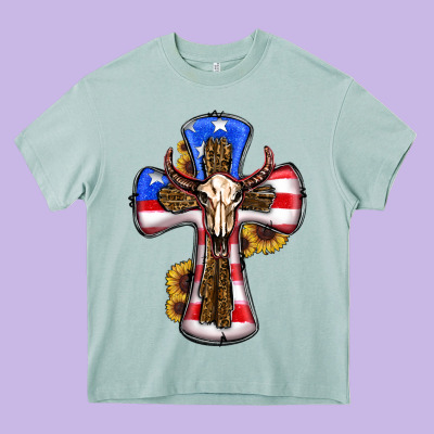 American Flag Cross Cow Skull Sunflowers Heavy Core Tee Designed By Ranaportraitstore