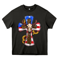 Asphalt american flag cross cow skull sunflowers Heavy Core Tee - RanaPortraitStore