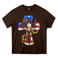 Chocolate Brown american flag cross cow skull sunflowers Heavy Core Tee - RanaPortraitStore