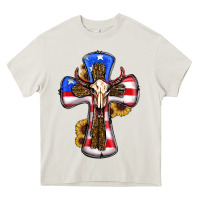 Cream american flag cross cow skull sunflowers Heavy Core Tee - RanaPortraitStore