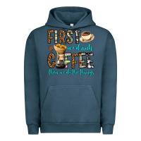 Pigment Midnight Navy first we drink coffee then we do the things Urban Hoodie - OliviaCreatesArt
