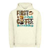 Pigment Pistachio first we drink coffee then we do the things Urban Hoodie - OliviaCreatesArt