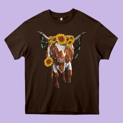 Longhorn Cow With Sunflowers Heavy Core Tee Designed By Ranaportraitstore