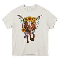 Cream longhorn cow with sunflowers Heavy Core Tee - RanaPortraitStore