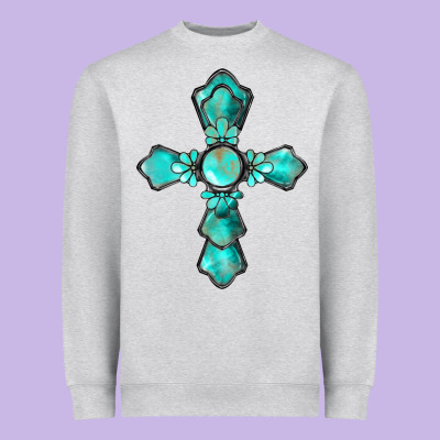 Western Turquoise Gemstone Cross Heavyweight Sweatshirt Designed By Barkaloodesign