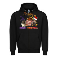 Black Happy Hallothanksmas Farm Animal Zipper Hoodie - BundleAndBundleShop