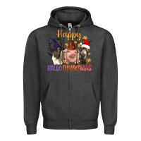 Charcoal Heather Happy Hallothanksmas Farm Animal Zipper Hoodie - BundleAndBundleShop
