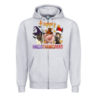 Heather Grey Happy Hallothanksmas Farm Animal Zipper Hoodie - BundleAndBundleShop