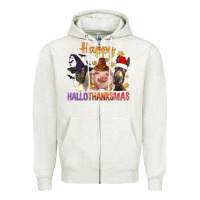 Oatmeal Heather Happy Hallothanksmas Farm Animal Zipper Hoodie - BundleAndBundleShop