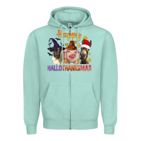 Seafoam Happy Hallothanksmas Farm Animal Zipper Hoodie - BundleAndBundleShop