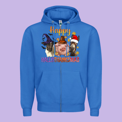 Happy Hallothanksmas Farm Animal Zipper Hoodie Designed By Bundleandbundleshop