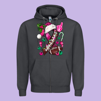 Pink Christmas Breast Cancer Ribbon Football Zipper Hoodie Designed By Bundleandbundleshop