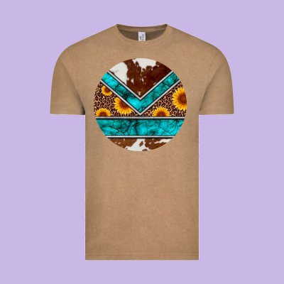 Turquoise Cowhide Leopard Sunflowers Round Vintage Tee Designed By Artiststas