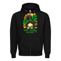 Black St. Patrick Messy Bun One Luck Mama With Clover Zipper Hoodie - BundleAndBundleShop