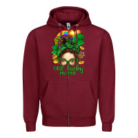Burgundy St. Patrick Messy Bun One Luck Mama With Clover Zipper Hoodie - BundleAndBundleShop