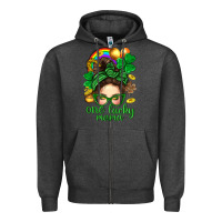 Charcoal Heather St. Patrick Messy Bun One Luck Mama With Clover Zipper Hoodie - BundleAndBundleShop