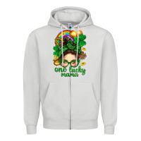 Dove Grey St. Patrick Messy Bun One Luck Mama With Clover Zipper Hoodie - BundleAndBundleShop