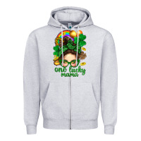 Heather Grey St. Patrick Messy Bun One Luck Mama With Clover Zipper Hoodie - BundleAndBundleShop