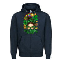 Navy St. Patrick Messy Bun One Luck Mama With Clover Zipper Hoodie - BundleAndBundleShop