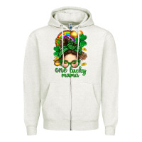 Oatmeal Heather St. Patrick Messy Bun One Luck Mama With Clover Zipper Hoodie - BundleAndBundleShop