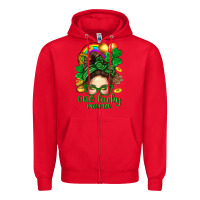 Red St. Patrick Messy Bun One Luck Mama With Clover Zipper Hoodie - BundleAndBundleShop
