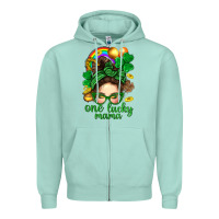 Seafoam St. Patrick Messy Bun One Luck Mama With Clover Zipper Hoodie - BundleAndBundleShop