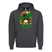 Smoke St. Patrick Messy Bun One Luck Mama With Clover Zipper Hoodie - BundleAndBundleShop