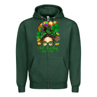 Sports Green St. Patrick Messy Bun One Luck Mama With Clover Zipper Hoodie - BundleAndBundleShop