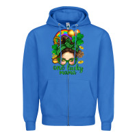 True Royal St. Patrick Messy Bun One Luck Mama With Clover Zipper Hoodie - BundleAndBundleShop