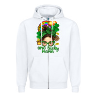 St. Patrick Messy Bun One Luck Mama With Clover Zipper Hoodie | Teevron