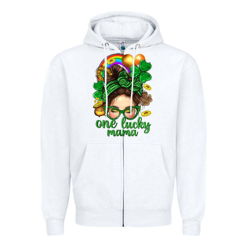 St. Patrick Messy Bun One Luck Mama With Clover Zipper Hoodie by BundleAndBundleShop | Teevron