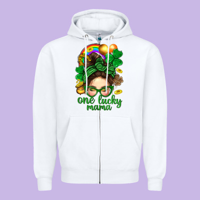 St. Patrick Messy Bun One Luck Mama With Clover Zipper Hoodie Designed By Bundleandbundleshop