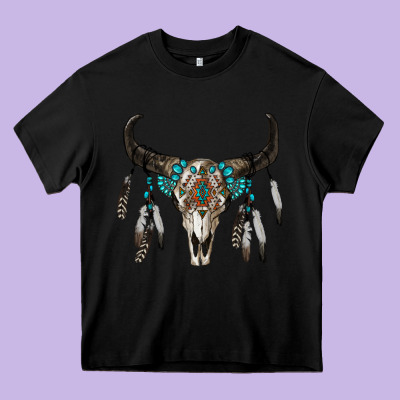 Boho Bull Skull Heavy Core Tee Designed By Ranaportraitstore