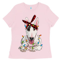 Bubblegum Pink bull terrier with christmas lights Ladies Tee - RanaPortraitStore
