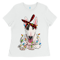 White bull terrier with christmas lights Ladies Tee - RanaPortraitStore