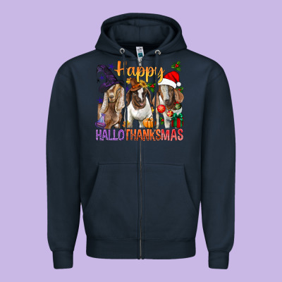 Happy Hallothanksmas Goats Zipper Hoodie Designed By Bundleandbundleshop