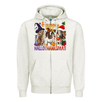 Oatmeal Heather Happy Hallothanksmas Goats Zipper Hoodie - BundleAndBundleShop
