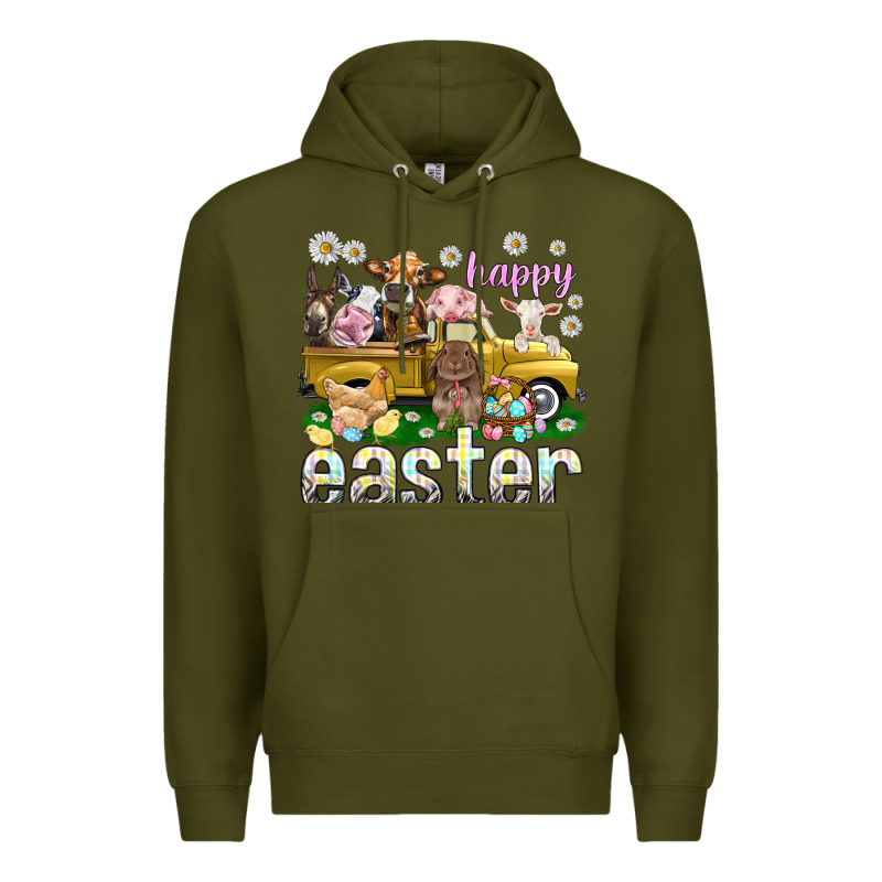 Happy Easter Truck With Farm Animals Premium Hoodie by NancyCooperArtShop | Teevron