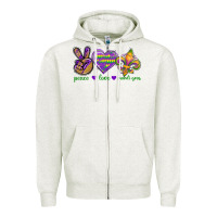 Oatmeal Heather Peace Love Mardi Gras Zipper Hoodie - BundleAndBundleShop
