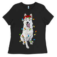 Black christmas white shepherd with christmas lights Ladies Tee - RanaPortraitStore
