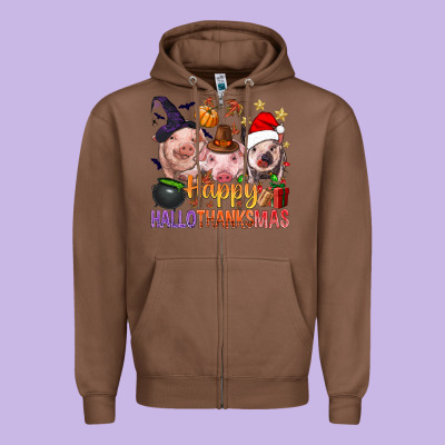 Happy Hallothanksmas Pigs Zipper Hoodie Designed By Bundleandbundleshop