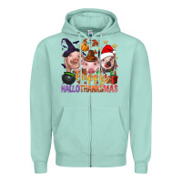 Seafoam Happy Hallothanksmas Pigs Zipper Hoodie - BundleAndBundleShop