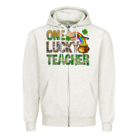 Oatmeal Heather One Lucky Teacher St. Patricks Zipper Hoodie - BundleAndBundleShop