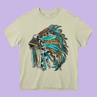 Indian Feather Headdress With Western  Patterns Heavy Core Tee Designed By Ranaportraitstore
