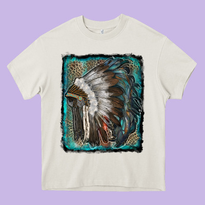 Indian Feather Headdress With Leopard Background Heavy Core Tee Designed By Ranaportraitstore