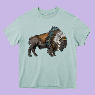 Bison With Indian Headdress Heavy Core Tee Designed By Ranaportraitstore