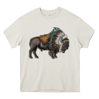 Cream bison with indian headdress Heavy Core Tee - RanaPortraitStore