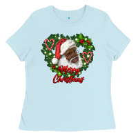 Baby Blue merry christmas african american santa with wreath Ladies Tee - RanaPortraitStore