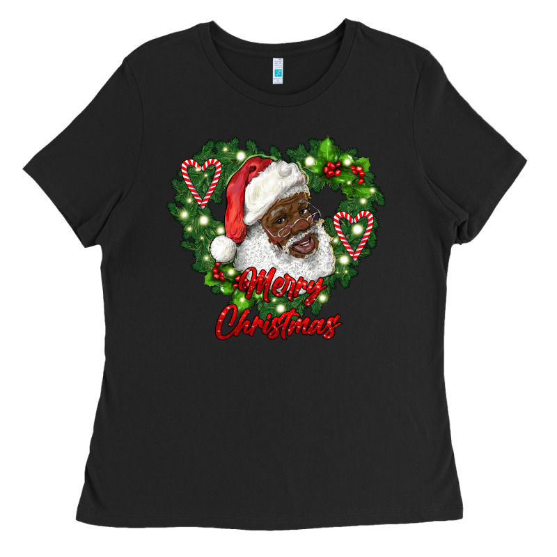 Merry Christmas African American Santa With Wreath Ladies Tee by RanaPortraitStore | Teevron